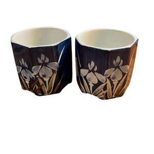 Vintage Japanese Stoneware Blue Iris Hand Painted Octagon Tea Cups Set of 2